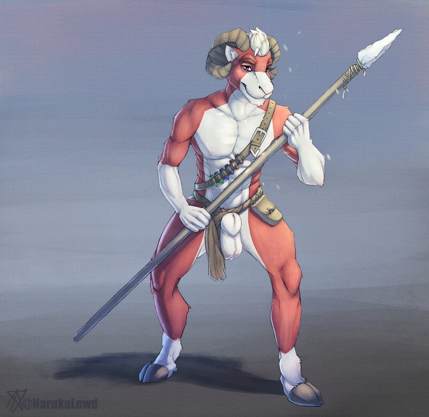 2019 abs animal_genitalia anthro athletic balls belt bovid caprine clothing digitigrade fully_sheathed fur hair hi_res holding_object holding_weapon hooves horn loincloth malachi_(character) male male_only mammal melee_weapon multicolored_fur muscular naruka narukalewd penis pink_eyes polearm potion pouch red_fur shadow sheath solo spear standing tribal two_tone_fur vial weapon white_fur