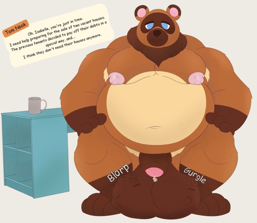 animal_crossing anthro balls big_balls canid canine cock_vore duo genitals hi_res jon_noj male mammal nintendo nude raccoon_dog size_difference smile solo tanuki text tom_nook_(animal_crossing) vore