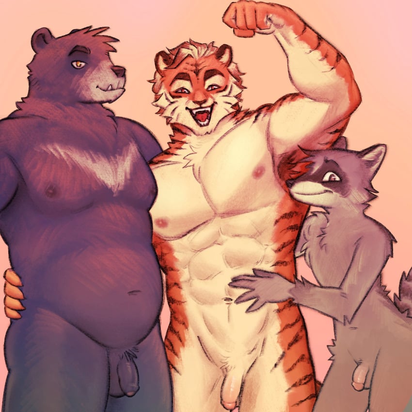 2024 abs anthro anthro_on_anthro areola armpit_hair balls bear belly biceps body_hair circumcised claws curvy_figure eyebrows felid flaccid flexing foreskin fur genitals glans group hair hand_on_belly hand_on_side hi_res hug humanoid_genitalia humanoid_penis lebibien looking_at_viewer male male/male mammal musclegut muscular muscular_anthro muscular_male navel nipples nude open_mouth open_smile pantherine pecs penis pink_background procyonid raccoon simple_background size_difference skinny skinny_anthro skinny_male smile standing teeth tiger tongue trio tuft