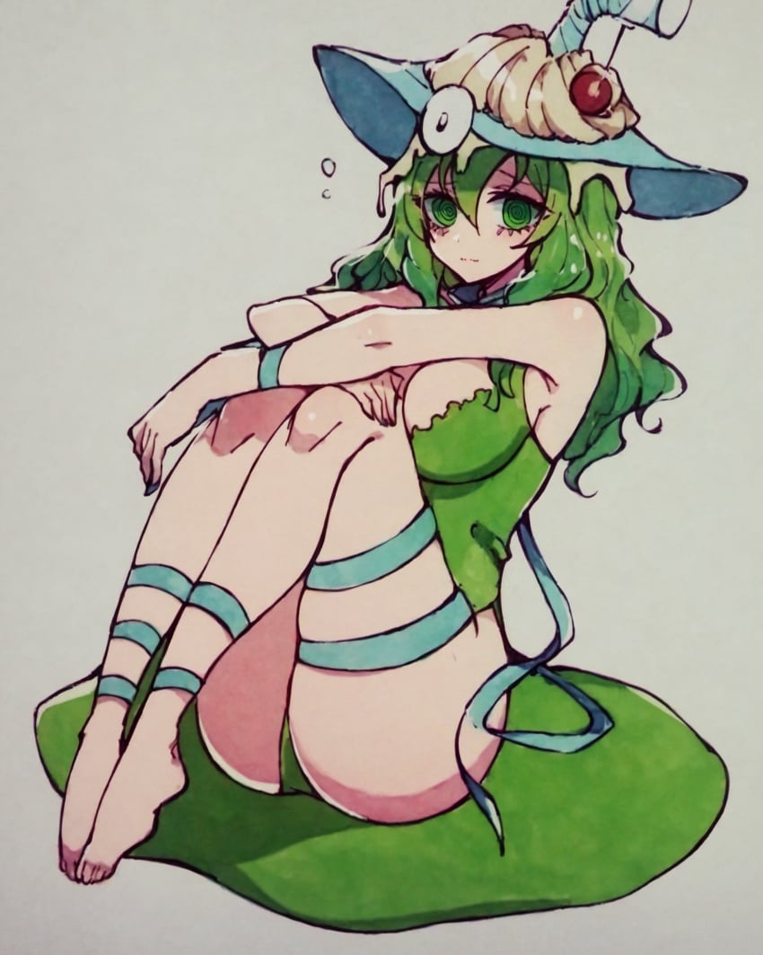 1girls ai_generated areolae ass barren_(ai_prompter) blue_hat blue_ribbons blue_sleeves cleavage fake_tears floormaster green_eyes green_hair green_panties hat highres hugging_knees knees_to_chest knees_up large_breasts large_hat long_hair looking_at_viewer nervous on_ground ribbon_sleeves simple_background simple_coloring simple_shading sitting solo spiral_eyes stable_diffusion tears tia_safalin upskirt white_background your_turn_to_die yttd