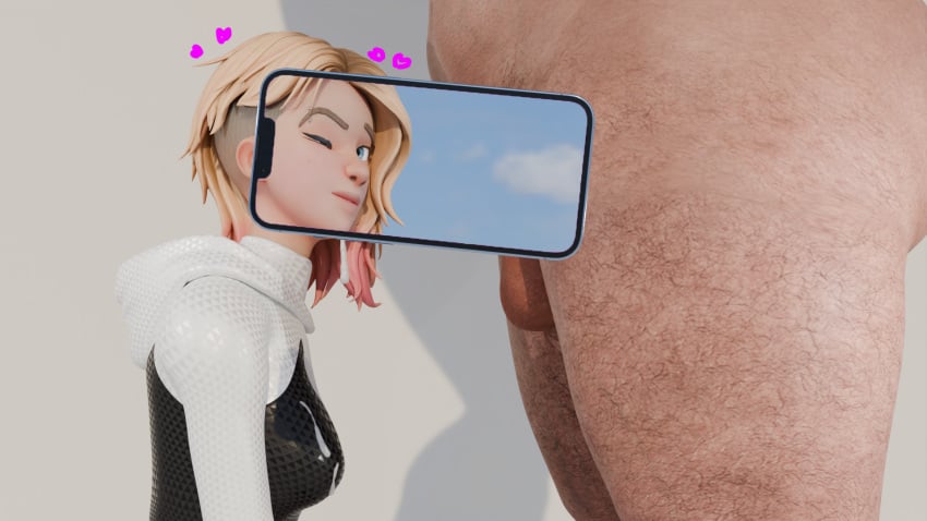 1boy 1girls 3d blowjob cheating cheating_girlfriend fat_man fellatio female full_color fully_clothed gwen_stacy gwen_stacy_(spider-verse) implied_oral light-skinned_female light-skinned_male male marvel marvel_comics oral phone sokein spider-gwen