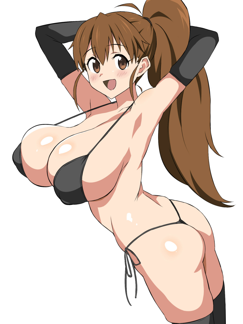 ass bikini black_bikini black_gloves breasts brown_eyes brown_hair elbow_gloves female gloves highres kagemusha large_breasts long_hair looking_at_viewer open_mouth ponytail solo swimsuit taneshima_popura white_background working!!