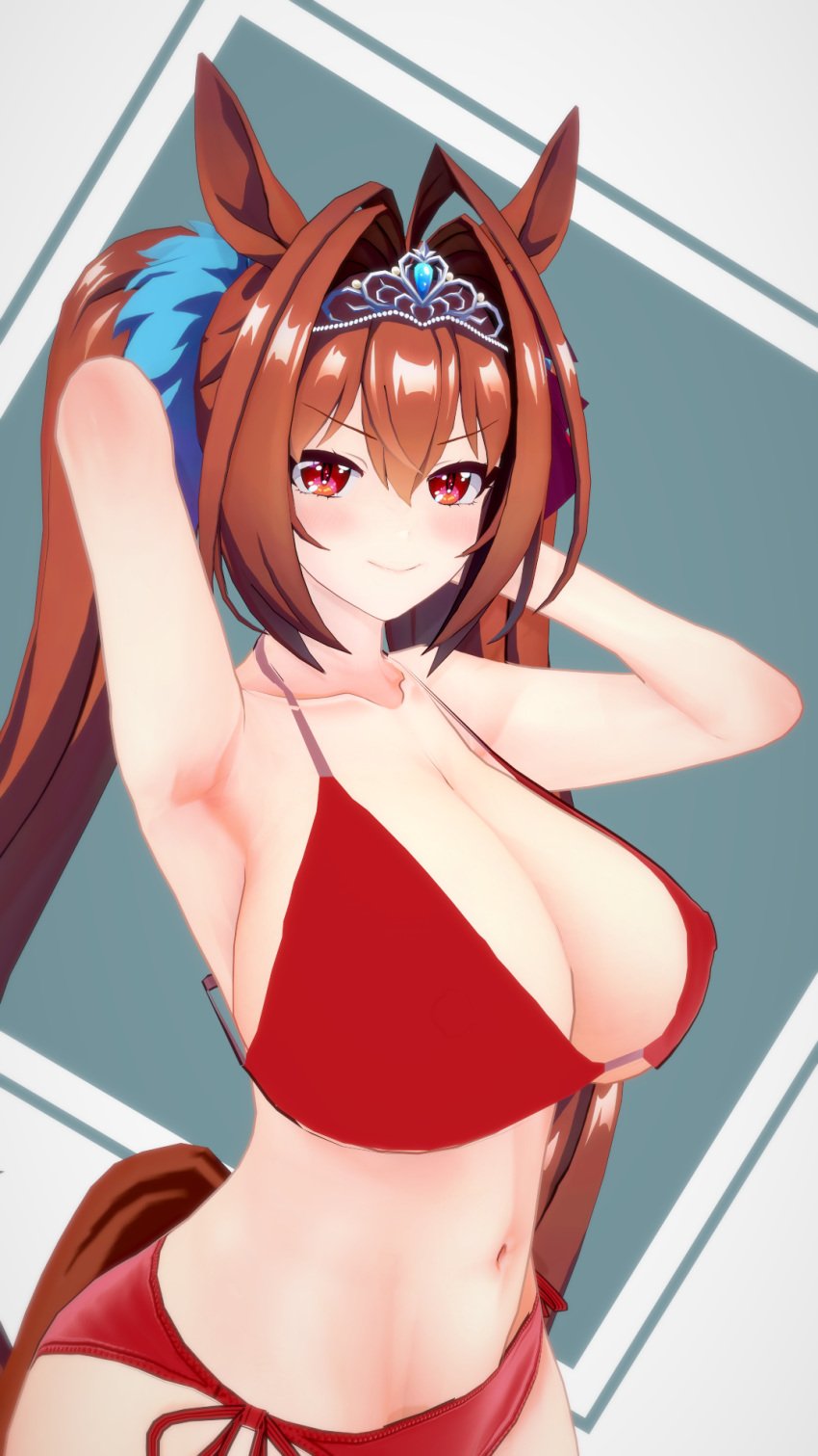 3d animal_ears armpits arms_behind_head bikini brown_hair daiwa_scarlet_(umamusume) horse_girl horse_tail huge_breasts koikatsu mike_oxlong red_eyes tiara twintails umamusume