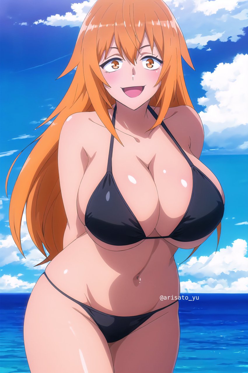 1female 1girl 1girls ai_generated arisato_yu beach beach_background big_boobs big_breasts big_tits bikini black_bikini boobs breasts female female_only gamo-chan light-skinned_female open_mouth orange_eyes orange_hair please_don't_bully_me,_nagatoro sky solo solo_female tits twitter voluptuous voluptuous_female