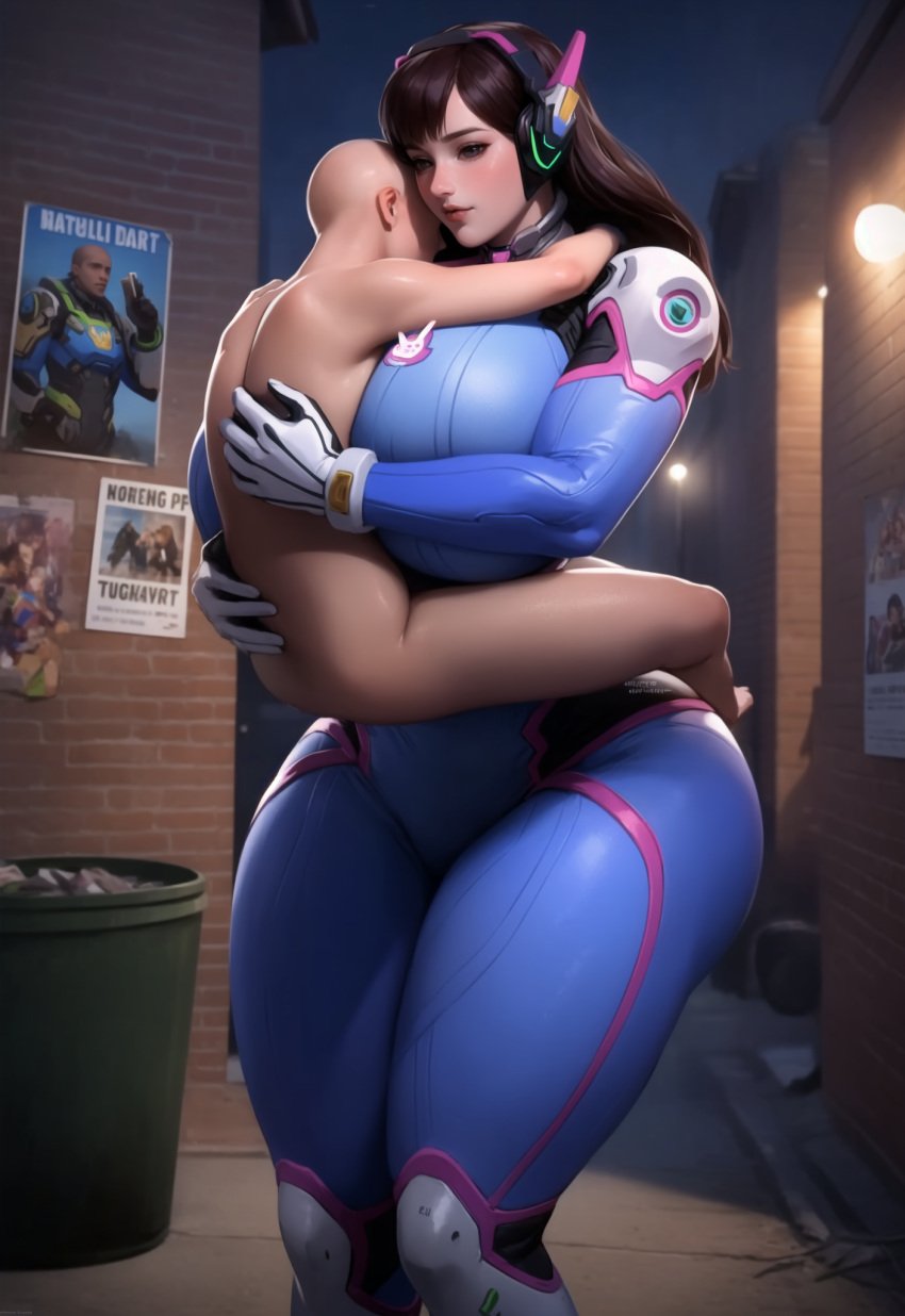 ai_generated ass bald bodysuit brown_hair carrying clothed_female_nude_male clothing d.va huge_breasts hugging lifting long_hair male/female mommy mommy_kink outdoors overwatch standing sweat teenage_boy teenage_girl thick_thighs