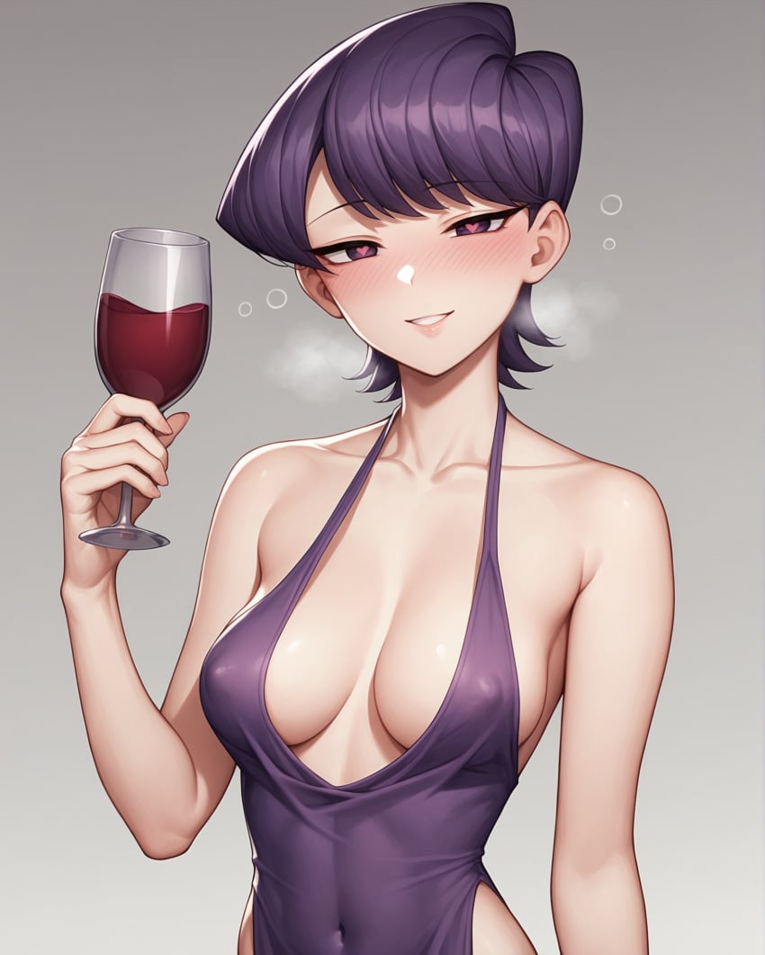 1girls ai_generated bare_arms bare_shoulders blush breasts cleavage collarbone covered_nipples dress drunk drunk_bubble female glass halterneck heart heart-shaped_pupils heavy_breathing holding_object holding_wine_glass komi-san_wa_komyushou_desu komi_shuuko looking_at_viewer mature_female milf notreallyhere perky_breasts purple_dress purple_hair short_hair simple_background smile solo swept_bangs upper_body wine wine_glass