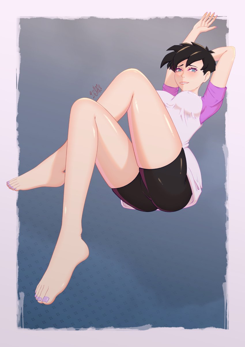 armpits ass ass_focus barefoot black_hair black_shorts breasts crossed_legs dragon_ball dragon_ball_z feet female female_pervert full_body large_breasts legs nipples pervert sex_invitation sexually_suggestive short_hair shorts solo videl