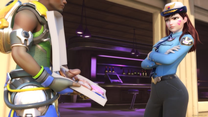 3d alternate_costume asian asian_female blender box_of_donuts brown_eyes brown_hair clothed clothed_female crossed_arms d.va dark-skinned_male dark_skin dick_in_a_box donuts duo ellowas female flashing flashing_penis interracial lúcio male overwatch overwatch_2 penis penis_out police_officer_d.va sexual_harassment straight unamused unhappy_female whisker_markings