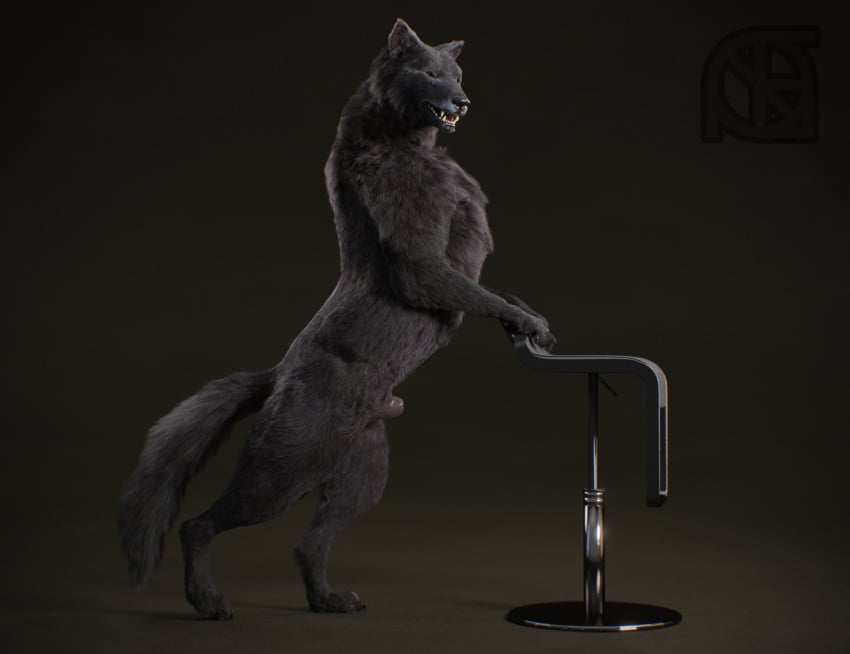 3d animal_genitalia anthro black_fur black_nose canid canine canis chair claws cosmiclife feral fur hi_res male mammal penis pinup pose realistic romeo_(cosmiclife) semi-anthro sheath solo standing stool teeth wolf