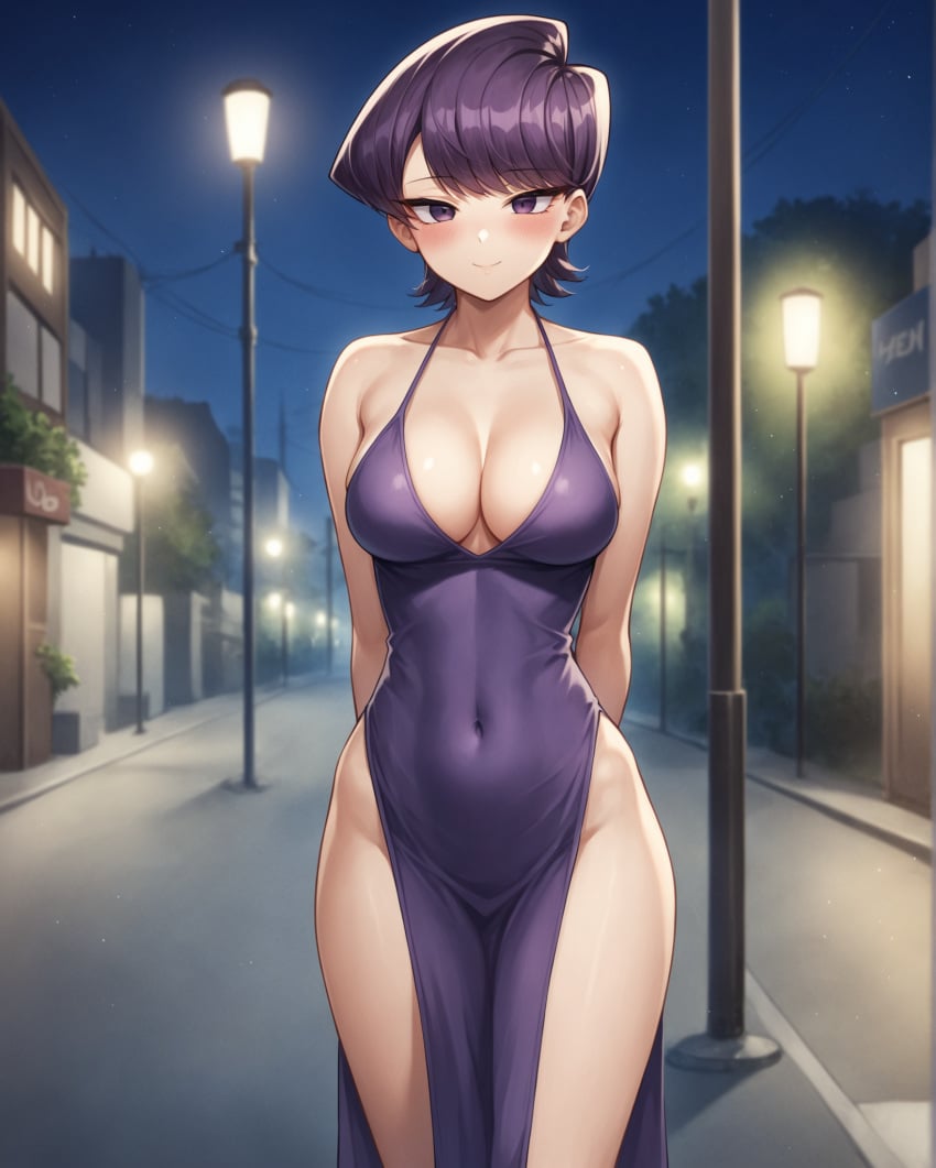 1girls ai_generated bare_shoulders blush breasts cleavage collarbone covered_navel female halterneck hands_behind_back hips komi-san_wa_komyushou_desu komi_shuuko looking_at_viewer mature_female milf night notreallyhere pelvic_curtain purple_dress purple_eyes purple_hair short_hair smile solo standing street street_lamp thighs