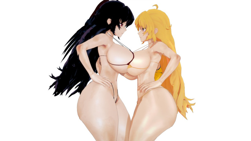 2girls big_breasts bikini bikini_bottom bikini_top black_hair black_hair_female blonde_female blonde_hair breasts breasts_against_breasts half-dressed half_naked milf mother_and_daughter purple_eyes raven_branwen red_eyes rwby stormstriker yang_xiao_long