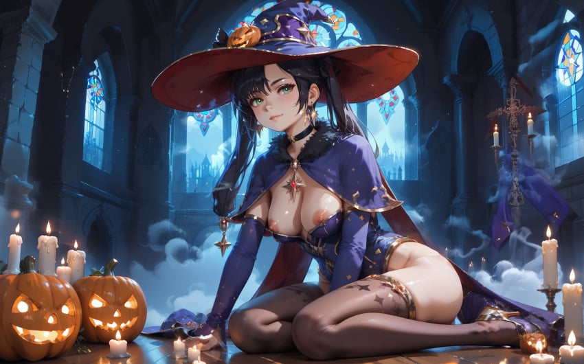 ai_generated akira_hentai altar black_choker black_gloves black_hair black_pantyhose bra breasts breasts_exposed candles capelet dark detached_sleeves female fur_collar genshin_impact gold_footwear halloween high_heels highleg_leotard long_hair long_sleeves magic mona_(genshin_impact) mysterious nipples pumpkins purple_leotard seductive shadows sitting stained_glass stone thighlet twintails