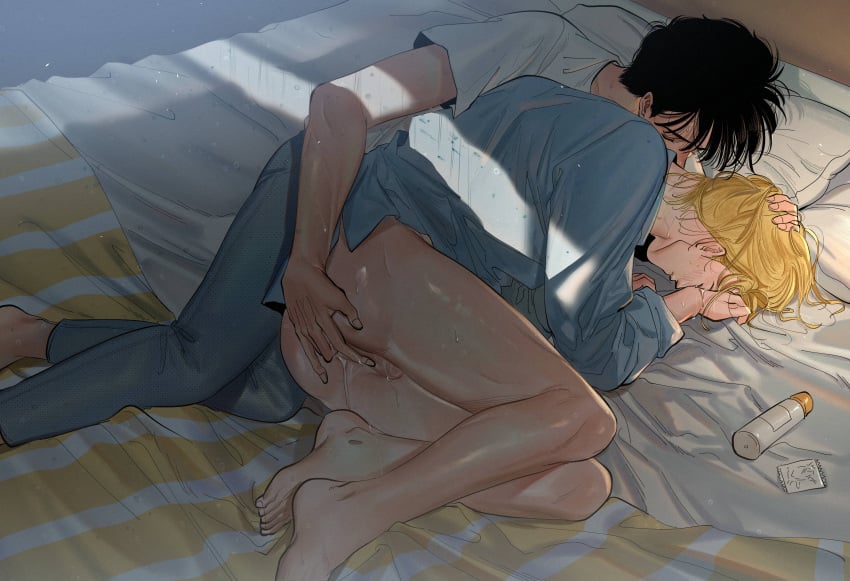 2boys absurdres ash_lynx banana_fish bed bed_sheet bishounen black_hair blonde_hair blue_shirt bottomless caressing_testicles condom condom_wrapper crying eiji_okumura fetal_position highres imminent_anal imminent_fingering imminent_penetration kissing kissing_neck koyasuyasuko12 lube lying multiple_boys on_side pants pillow shirt short_hair t-shirt testicles toe_scrunch white_shirt window_shadow yaoi