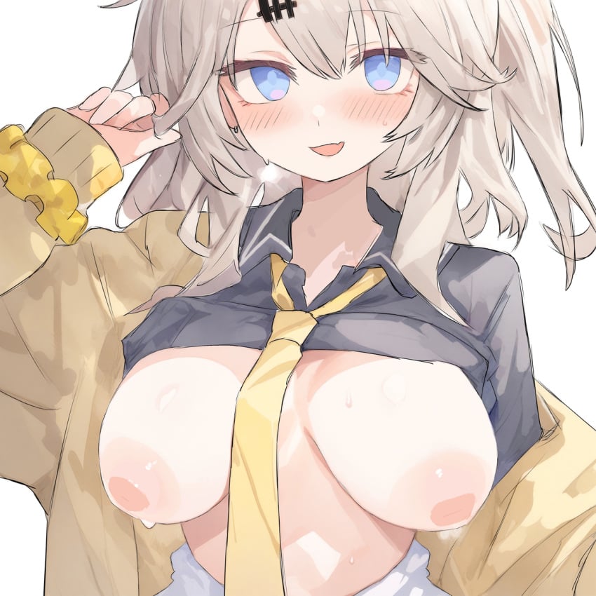 1girls blue_eyes blush breasts cardigan clothes clothes_lift female inverted_nipples kasukabe_tsumugi laceys_es looking_at_viewer necktie open_cardigan original scrunchie shirt shirt_lift simple_background solo solo_female solo_focus sweat voicevox white_background yellow_necktie