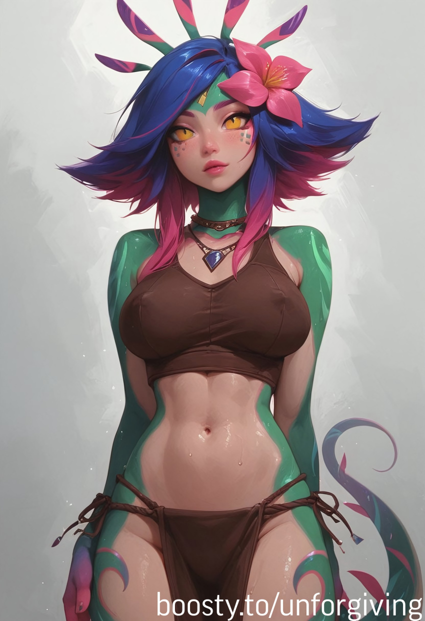 ai_generated belly belly_button bra breasts covered_nipples hips large_breasts league_of_legends lizard_girl lizard_tail neeko riot_games sweat tail unforgiving wet wet_body wet_clothes wet_skin