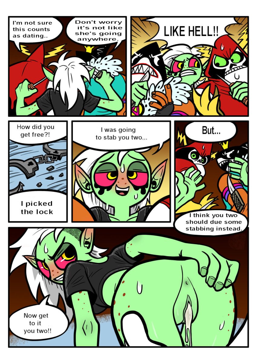 1girls 2boys ass atomic_bomb_(artist) bottomless breasts clothing comic cum cum_in_pussy cum_inside dialogue disney emperor_awesome female furry green_body green_eyes green_skin handcuffs lord_dominator lord_hater male pink_sclera sharp_teeth sweat sweaty_ass translated until_they_like_it wander_over_yonder white_hair yellow_eyes