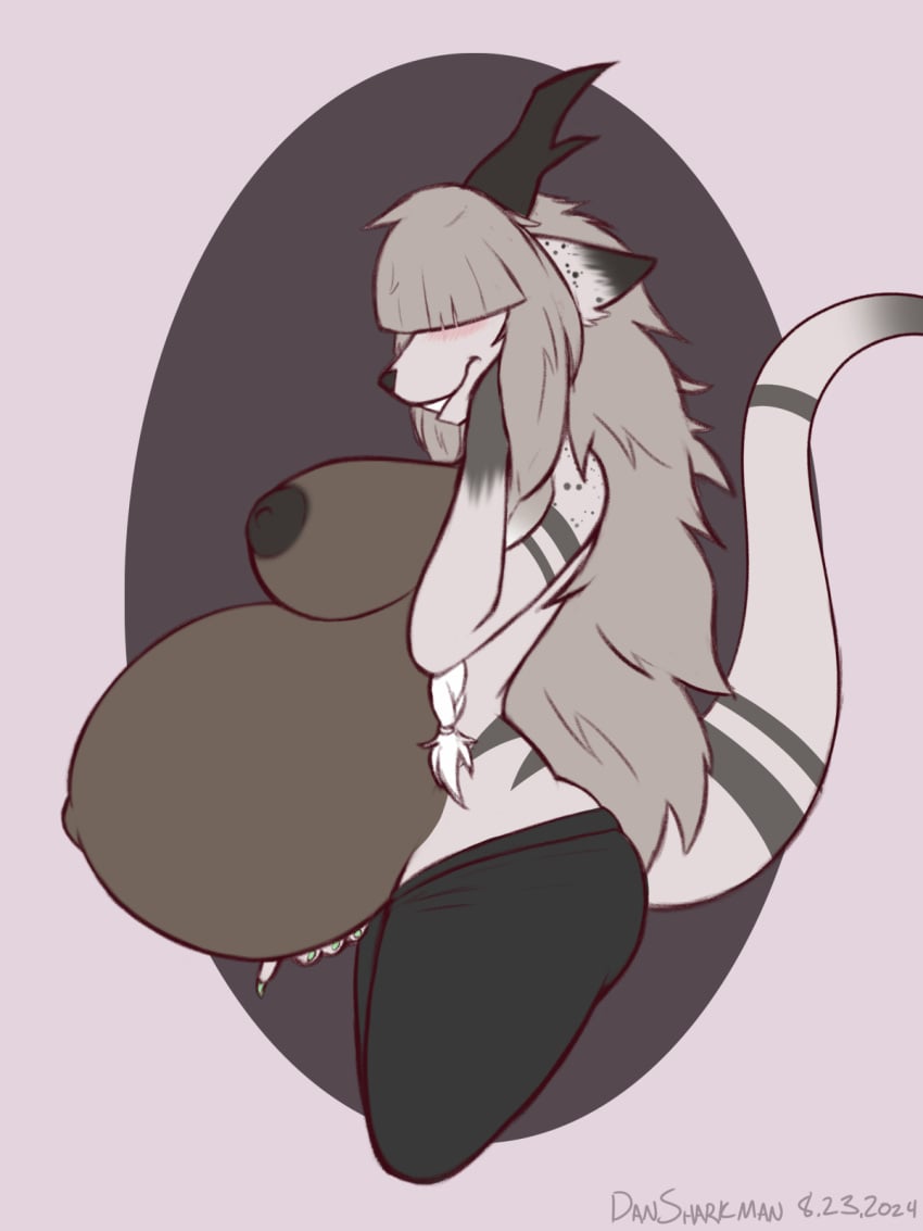 anthro antlers ashley_(vinthebat) ass belly belly_button big_belly big_breasts big_butt black_nipples blush bottomwear braided_hair breasts clothing curvy cute dansharkman dark_nipples deer digital_media_(artwork) ear_tuft embarrassed female fluffy fluffy_tail fur grey_body grey_fur hair hair_over_eye half-length_portrait hand_on_belly hand_on_face hi_res horn huge_breasts hybrid long_hair mammal mountain_deer_dragon navel nipples outie_navel overweight overweight_anthro overweight_female pants popped_navel portrait pregnant pregnant_anthro pregnant_female ready_to_pop round_belly side_boob side_view simple_background smile solo striped_body striped_fur stripes tail thick_thighs thighs tuft white_body white_fur wide_hips yoga_pants