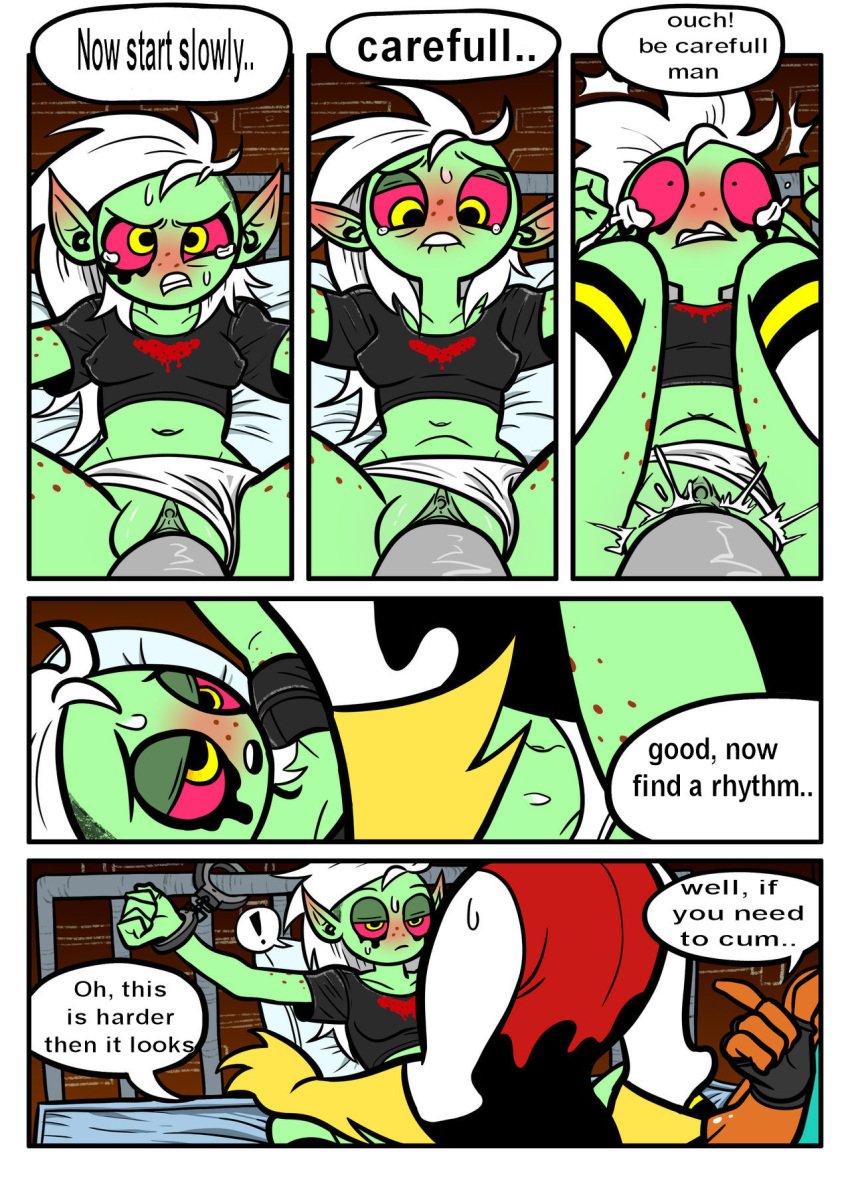 1girls 2boys atomic_bomb_(artist) breasts comic dialogue disney emperor_awesome female gloves green_body green_skin handcuffs lord_dominator lord_hater male penis pink_sclera pussy rape sex sweat translated wander_over_yonder white_hair yellow_eyes