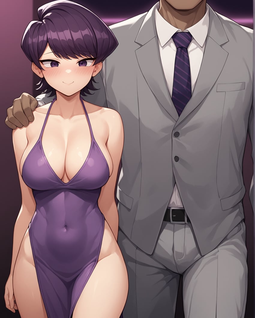 1boy 1boy1girl 1girls ai_generated bare_shoulders blush breasts cheating cheating_wife cleavage collarbone covered_navel faceless_male female grey_suit halterneck hand_on_another's_shoulder hands_behind_back hips indoors komi-san_wa_komyushou_desu komi_shuuko mature_female milf netorare notreallyhere purple_dress purple_eyes purple_hair short_hair size_difference smile suit swept_bangs thighs tie unseen_male_face