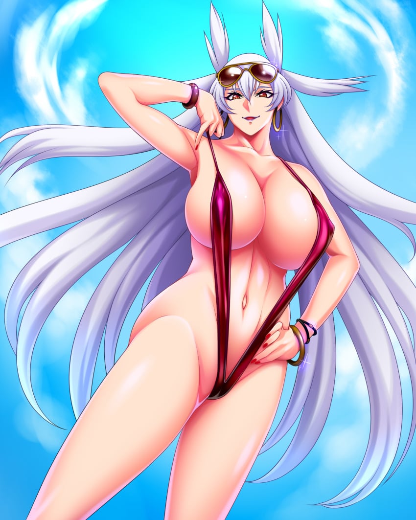 1girls abs akatsuki_hououin armpits big_breasts bikini bracelet bracelets breasts busty cameltoe clothing earrings erect_nipples erect_nipples_under_clothes eyelashes female female_only fully_clothed ginnyo hand_on_hip highres hoop_earrings huge_breasts large_breasts lipstick long_hair looking_at_viewer mature_female meritocracy_of_the_oni_&_blade navel nipples nipples_visible_through_clothing orange_eyes painted_nails purple_lipstick red_nails red_swimsuit skindentation sky sky_background sling_bikini smile smiling solo standing sunglasses sunglasses_on_head swimsuit thick_thighs video_game video_games voluptuous white_hair wide_hips