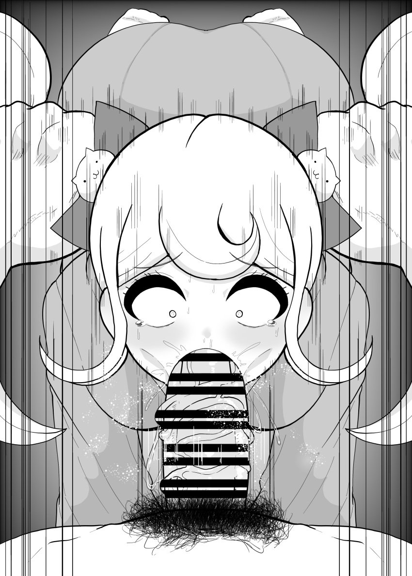 1boy 1girls big_penis blowjob censor_bar censored censored_penis danganronpa danganronpa_2:_goodbye_despair face_fucking female forced grabbing grabbing_hair hair_grab kimono male male/female monochrome pubic_hair rape saionji_hiyoko small_pupils sucking surprise surprised tears twintails