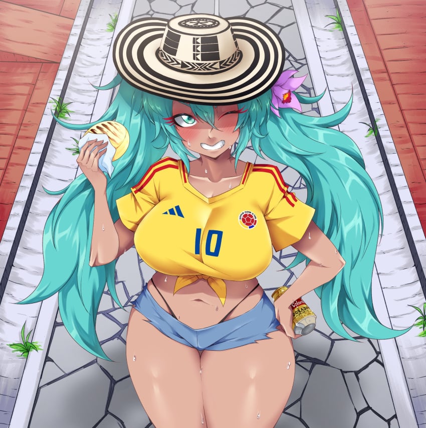 adidas asian_latina big_breasts blue_hair blush colombian colombian_miku color crop_top dark-skinned_female dark_skin eating eating_food federacion_colombiana_del_futbol gyaru hatsune_miku kogal latina navel no_nude smile thick_thighs tobyllitos vocaloid wide_hips wink winking_at_viewer