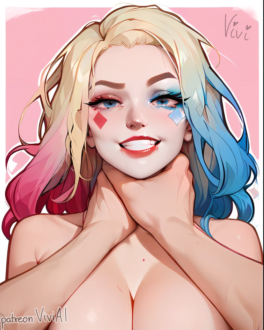 ai_generated big_breasts blonde_hair blue_eyes choking clenched_teeth clown clown_girl female_focus harley_quinn huge_breasts makeup male/female male_pov pink_background pink_hair pov pov_eye_contact smile tagme tears thick_eyebrows viviai