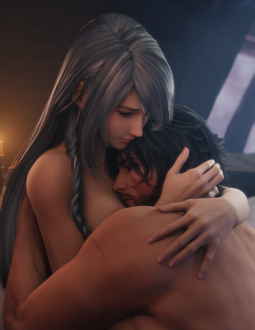 1boy 1girls 3d 3d_(artwork) 4k bedroom black_hair blender blender_(software) canon_couple clive_rosfield closed_eyes couple embrace facial_hair female final_fantasy final_fantasy_xvi half-closed_eyes highres hug hugging indoors jill_warrick long_hair love male male/female medium_hair nude ria-neearts scar silver_hair square_enix straight wholesome