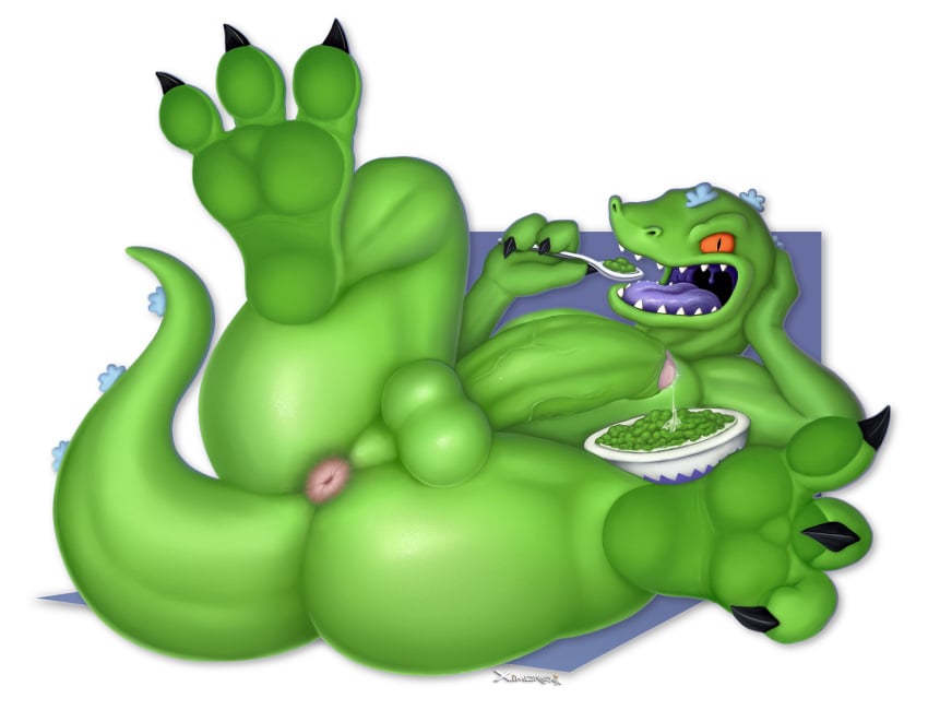 2021 alpha_channel anthro anthro_only anus ass balls cereal dinosaur feet food foreskin genitals hi_res humanoid_genitalia humanoid_penis kaiju looking_at_viewer male nickelodeon no_humans open_mouth penis precum_on_food reptar reptile rugrats scalie soles solo teeth tongue ximorexx