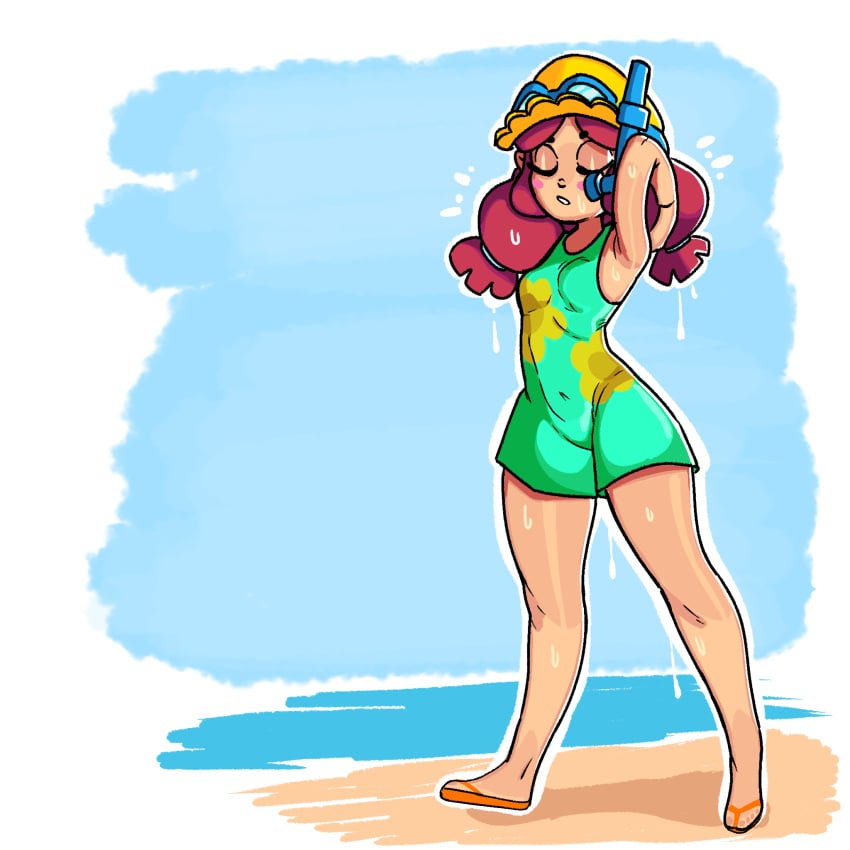 1girls artista: beach brawl_stars closed_eyes glasses hat jessie_(brawl_stars) light_skin notwawita red_hair summer_jessie_(brawl_stars) swimsuit wet