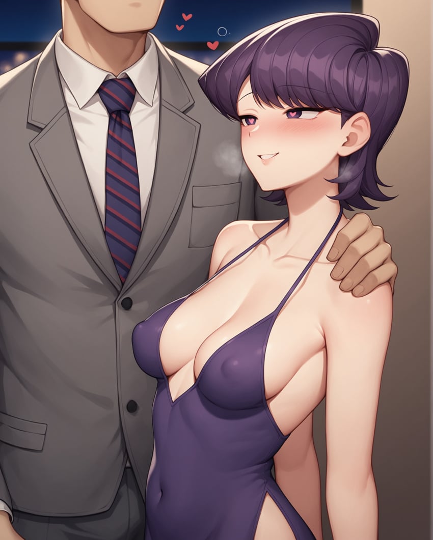 1boy1girl 1girls ai_generated bare_arms bare_shoulders breasts cheating cheating_wife cleavage collarbone covered_navel covered_nipples dress drunk drunk_bubble faceless_male female grey_suit halterneck hand_on_another's_shoulder heart heart-shaped_pupils heavy_breathing indoors komi-san_wa_komyushou_desu komi_shuuko looking_at_another netorare night notreallyhere perky_breasts purple_dress purple_hair short_hair size_difference smile suit swept_bangs tie unseen_male_face