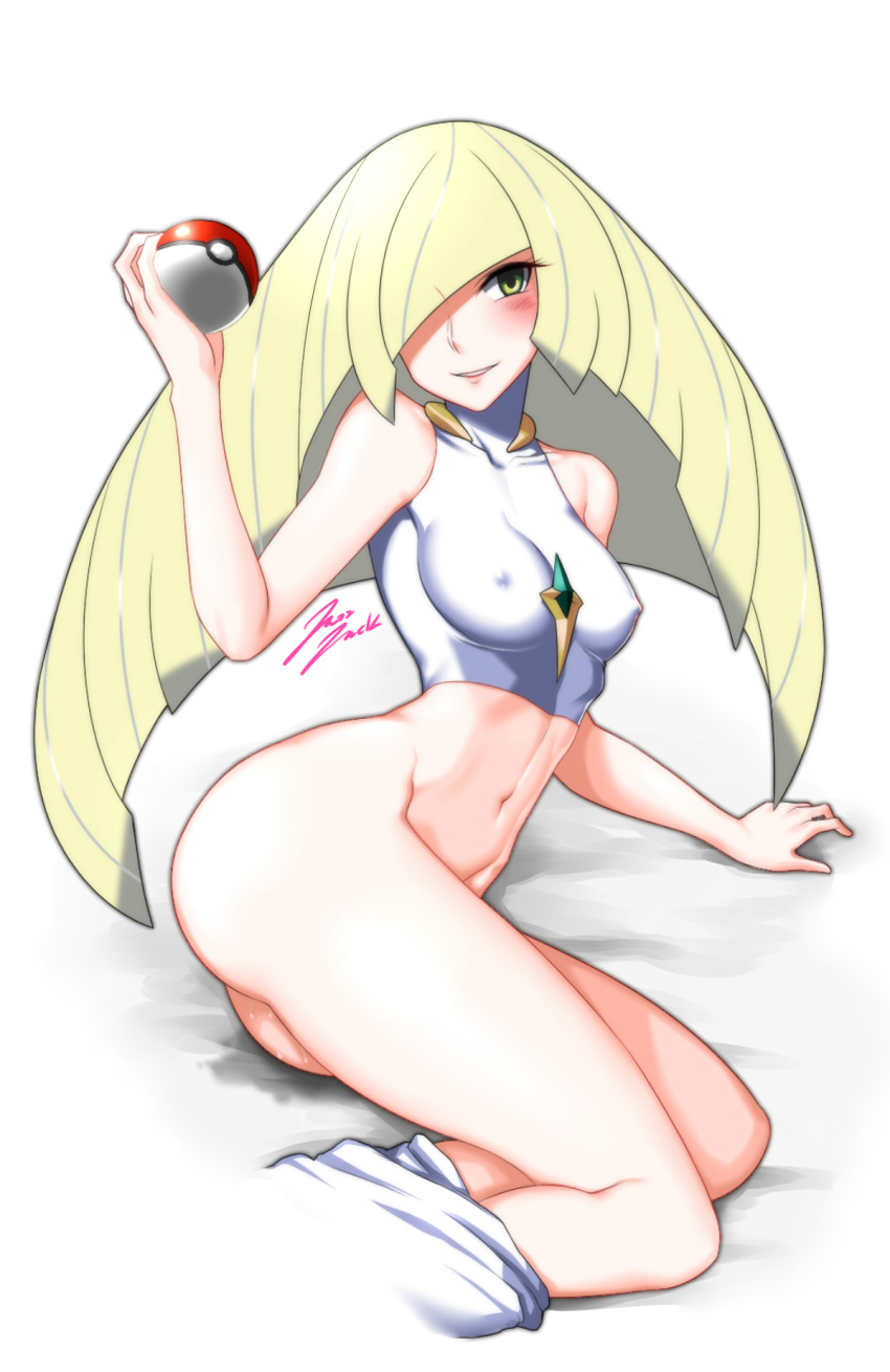 1girls abs aether_foundation ass bare_shoulders belly big_ass blonde_hair blue_hair blush bottomless breasts clothes erect_nipples eyelashes female female_only green_eyes hair_over_one_eye holding human impossible_clothes jazzjack long_hair looking_at_viewer lusamine_(pokemon) milf mother navel nintendo poke_ball pokemon pokemon_sm shirt skin_tight smile solo tank_top teeth text thick_thighs watermark white_background wide_hips