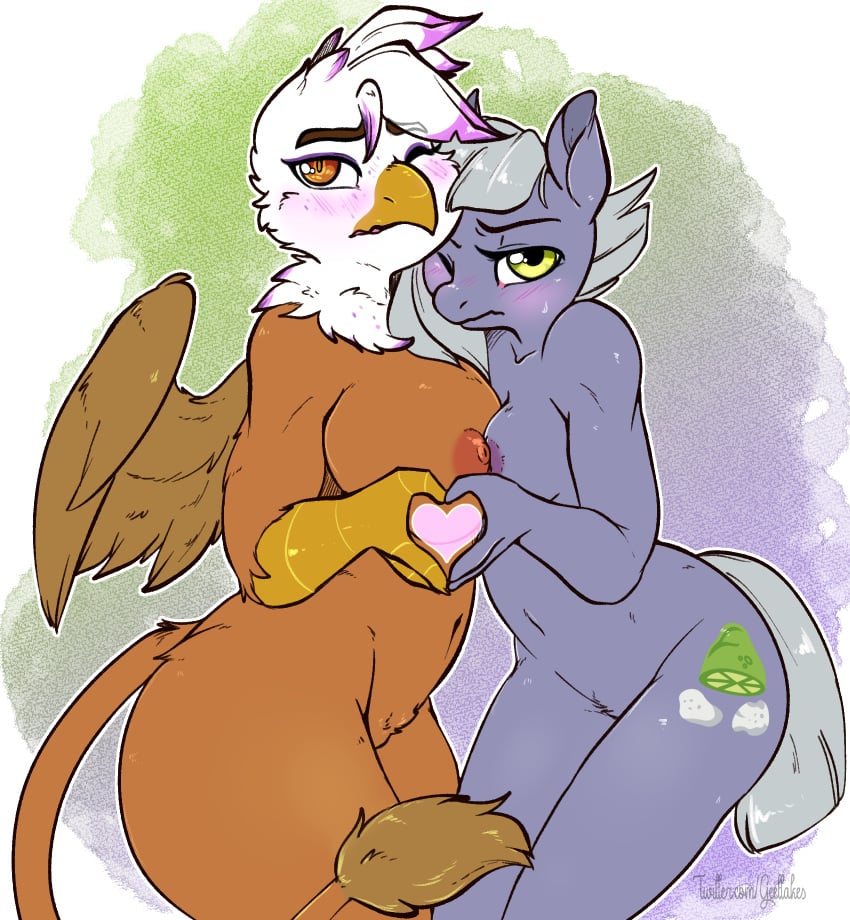 2018 anthro anthro_on_anthro anthrofied areola avian beak big_breasts blush bodily_fluids breast_size_difference breast_squish breasts breasts_frottage brown cutie_mark duo earth_pony equid equine eyebrows eyelashes feathered_wings feathers feet female female/female friendship_is_magic frown fur geeflakes gilda_(mlp) green grey_body grey_fur gryphon hair hasbro heart hi_res horse interspecies limestone_pie_(mlp) looking mammal mark my_little_pony mythological_avian mythological_creature mythology navel nipples nude portrait short_hair simple_background size_difference squish standing sweat symbol talons thick_thighs three-quarter_portait toes touching watermark wings