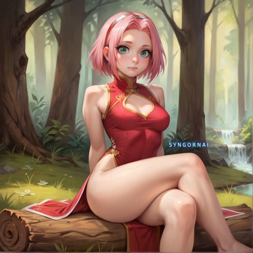 1girls ai_generated female female_only naruto naruto_(series) nervous qipao sakura_haruno shy solo syngornai thick_thighs