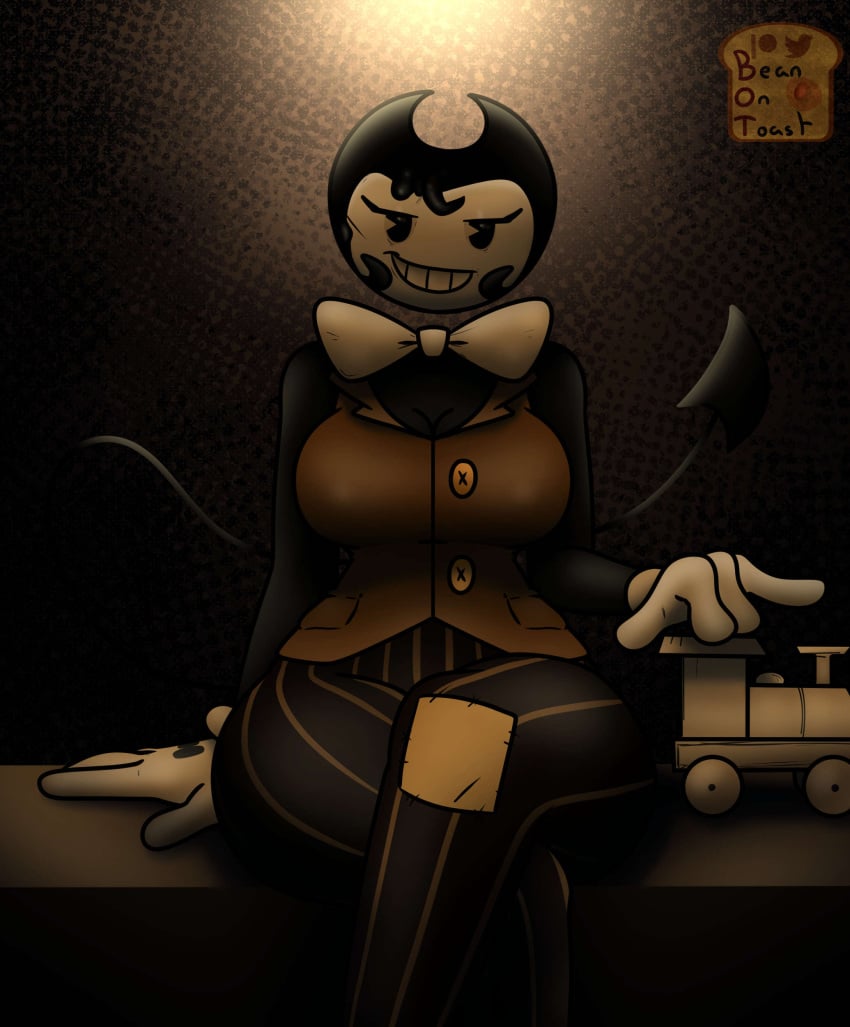 2024 2d 2d_(artwork) 2d_artwork artist_logo artist_name beanontoast bendy bendy_and_the_dark_revival bendy_and_the_ink_machine bendy_fem bendy_the_dancing_demon big_breasts crossed_legs demon demon_girl female heart horns seductive_look seductive_smile tail thick_thighs toy_train