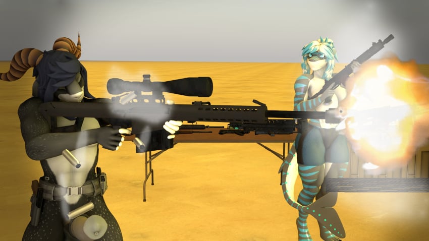 ak_platform anthro barrett_m82 big_breasts big_penis blue_hair bovid breasts caprine clothed clothing demonslairsfm desert duo female fish furniture genitals glock_17 goat gun guns hair hi_res high_caliber isaac_(demonslairsfm) long_hair male male/female mammal marine nika_sharkeh partially_clothed penis pistol ranged_weapon rifle shark shooting_gun sniper_rifle table weapon white_hair