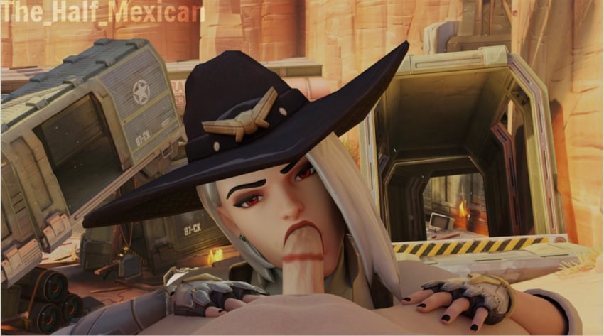 3d ashe_(overwatch) duo fellatio female lipstick lipstick_mark lipstick_on_penis male oral overwatch red_eyes red_lipstick route_66_(map) straight the_halfmexican white_hair