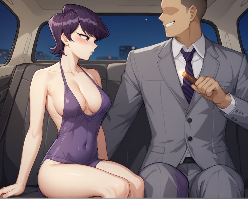 1boy 1boy1girl 1girls ai_generated backseat bare_arms bare_shoulders blush breasts car car_interior cheating cheating_wife cigar cleavage collarbone covered_navel faceless_male female front_view grey_suit grin halterneck implied_ass_grab komi-san_wa_komyushou_desu komi_shuuko looking_at_another netorare night notreallyhere parted_lips purple_dress purple_eyes purple_hair shaved_head short_hair sitting size_difference suit swept_bangs tie