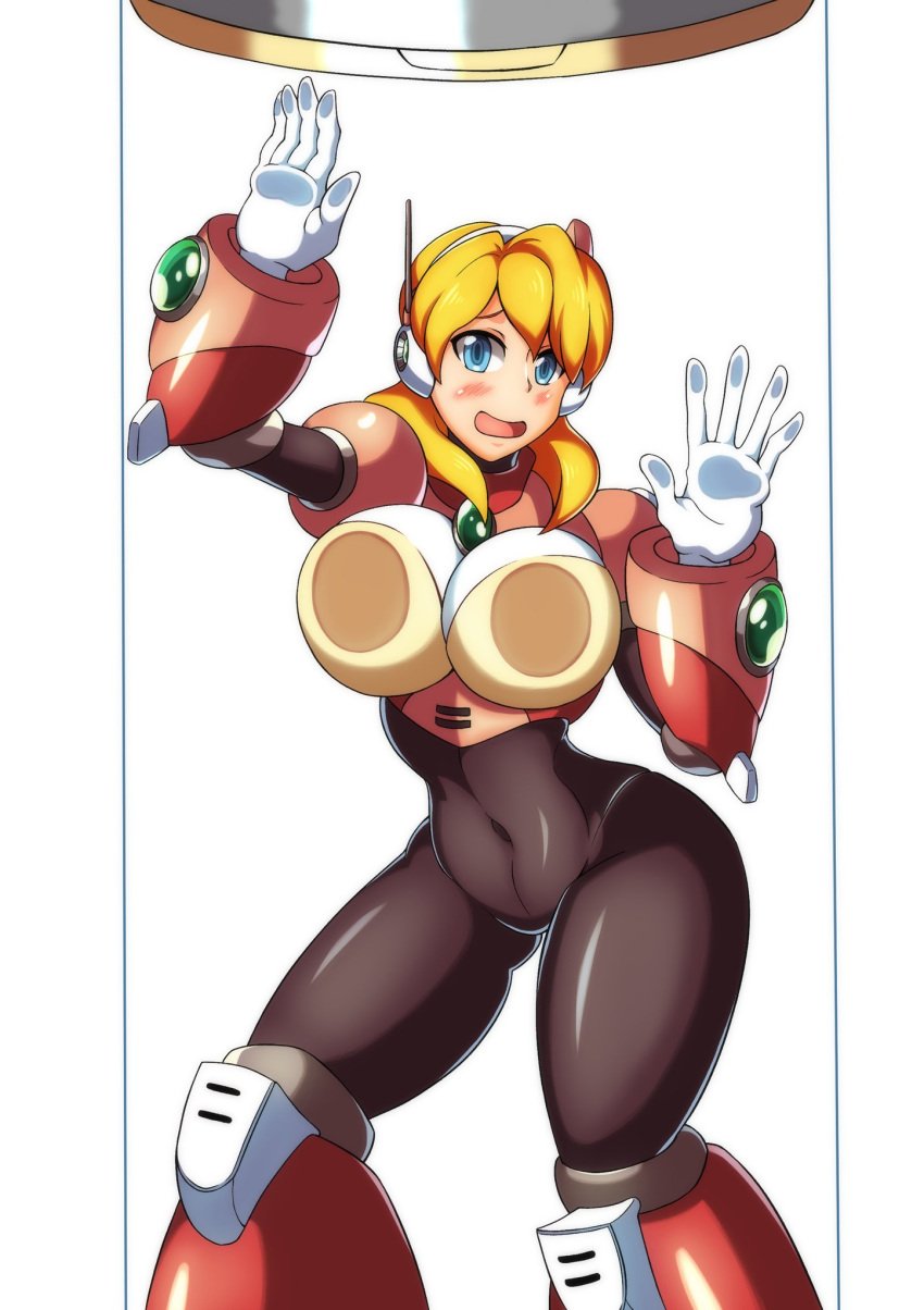 1girls alia big_breasts blonde_hair blue_eyes blush boob_window kotatuman_dash mega_man mega_man_x mega_man_x_dive robot_girl white_background