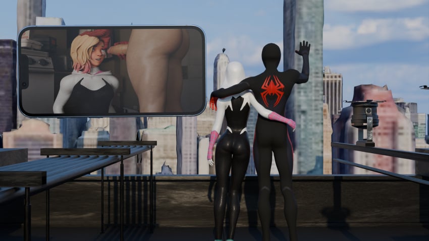 1girls 3d back_view cheating cheating_girlfriend cum_in_eye dark-skinned_male female full_color fully_clothed gwen_stacy gwen_stacy_(spider-verse) light-skinned_female light-skinned_male male marvel marvel_comics miles_morales peter_parker phone sokein spider-gwen spider-man