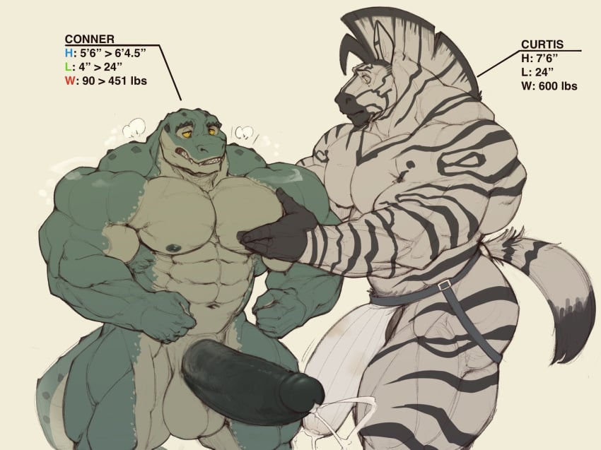 2024 2boys abs anthro balls bara big_balls big_muscles big_penis bodily_fluids clothed clothing conner_(oldshep) crocodile crocodilian crocodylid cum cum_in_clothing cum_through_clothing curtis_(oldshep) duo ejaculation english_text equid equine flexing genital_fluids genital_outline genitals green_body hand_on_pec hi_res huge_cock huge_muscles hyper hyper_genitalia hyper_penis jockstrap male mammal muscular muscular_anthro muscular_male navel nipples nude oldshep pecs penis reptile scalie simple_background striped_body stripes surprised_look text underwear wet wet_clothing yellow_eyes zebra