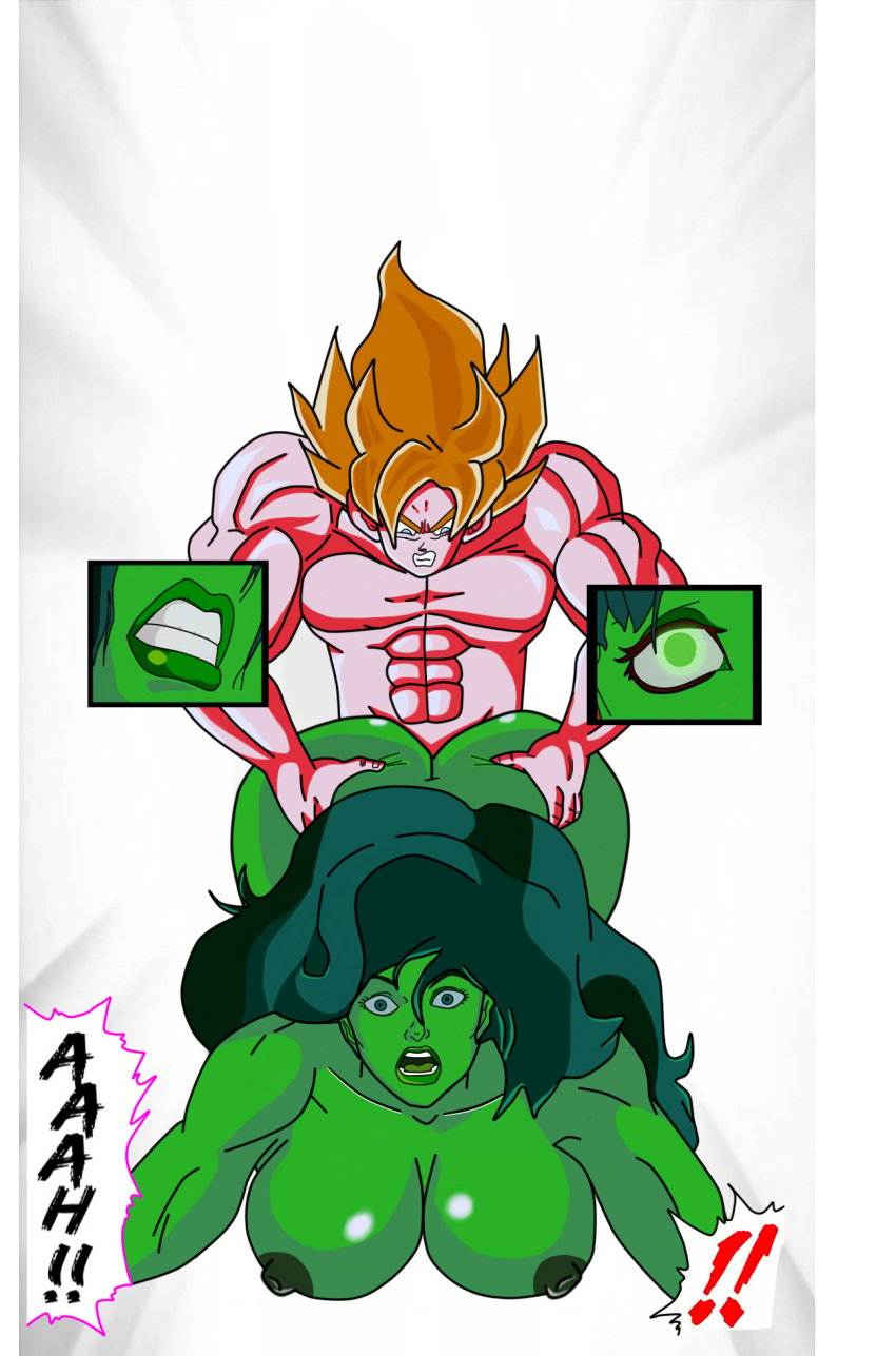 ! !! 1boy1girl ambiguous_penetration blonde_hair crossover dominant_male dragon_ball dragon_ball_z eastern_and_western_character eye_focus from_behind_position goku goku_solos green_body green_skin marvel marvel_comics mouth_focus she-hulk son_goku straight straight_sex turles17