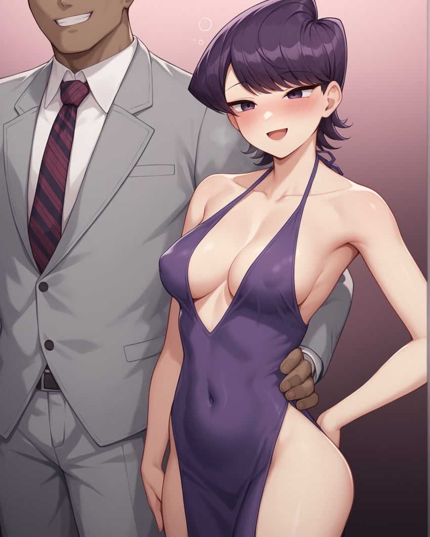 1boy 1boy1girl 1girls ai_generated blush breasts cheating cheating_wife cleavage collarbone covered_navel covered_nipples dress drunk female gradient_background grey_suit grin halterneck hands_on_another's_waist heavy_breathing hips komi-san_wa_komyushou_desu komi_shuuko mature_female milf netorare no_panties notreallyhere pelvic_curtain purple_dress purple_eyes purple_hair short_hair simple_background size_difference smile suit swept_bangs tie unseen_male_face