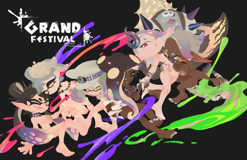 1boy 6girls ass barrette big_man_(grand_festival) big_man_(splatoon) black_background black_hair blue_hair blue_mouth breasts callie_(grand_festival) callie_(splatoon) cap casual cousins crown dark-skinned_female dark_skin deep_cut_(splatoon) earrings edit eyelashes female frye_(grand_festival) frye_(splatoon) frye_onaga grand_festival_(splatfest) gray_hair grey_hair hair_tied hat headdress highlights_(coloring) holding_hands horns ink inkling inkling_girl jewelry looking_at_viewer male manta_ray marie_(grand_festival) marie_(splatoon) marina_(grand_festival) marina_(splatoon) marina_ida mole mole_under_eye multiple_females multiple_girls nintendo nipples now_or_never_barrette now_or_never_cap now_or_never_crown now_or_never_earrings now_or_never_headdress now_or_never_horns now_or_never_seven now_or_never_spikes nude nudist octoling octoling_girl off_the_hook_(splatoon) official_artwork_edit one_eye_closed orange_eyes pale_skin pearl_(grand_festival) pearl_(splatoon) pearl_houzuki pussy red_eyes screenshot_edit sharp_teeth shiver_(grand_festival) shiver_(splatoon) shiver_hohojiro siblings smile smiling smiling_at_viewer spiked_earrings spiked_headband spikes spikes_(anatomy) splatfest splatoon splatoon_(series) splatoon_3 squid_sisters tagme team_future_(splatfest) team_past_(splatfest) team_present_(splatfest) text vespbee white_hair white_hat white_text yellow_eyes