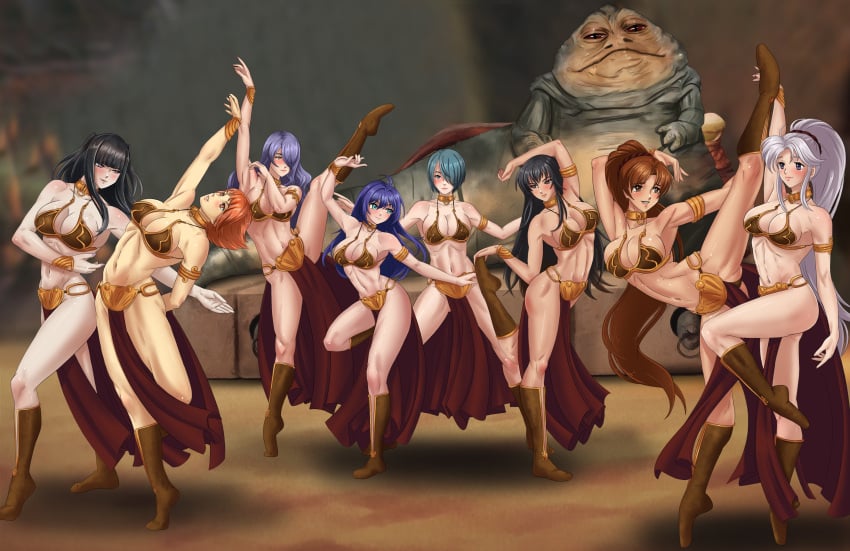 1boy 6+girls 8girls amenoosa background_character belly_dancer belly_dancer_outfit big_breasts black_hair blue_hair breasts brown_hair camilla_(fire_emblem) crossover dancing eastern_and_western_character female fire_emblem fire_emblem:_the_blazing_blade fire_emblem:_three_houses fire_emblem_awakening fire_emblem_fates flirting_look harem harem_girl harem_outfit hi_res highres hourglass_figure jabba's_palace jabba_the_hutt karla_(fire_emblem) large_breasts leonie_pinelli linde_(fire_emblem) long_hair long_legs male metal_bikini mia_(fire_emblem) monster multiple_girls setsuna_(fire_emblem) slave slave_bikini slave_collar slave_leia_(cosplay) slave_outfit star_wars straight tailtiu_(fire_emblem) tharja_(fire_emblem) third-party_source white_hair