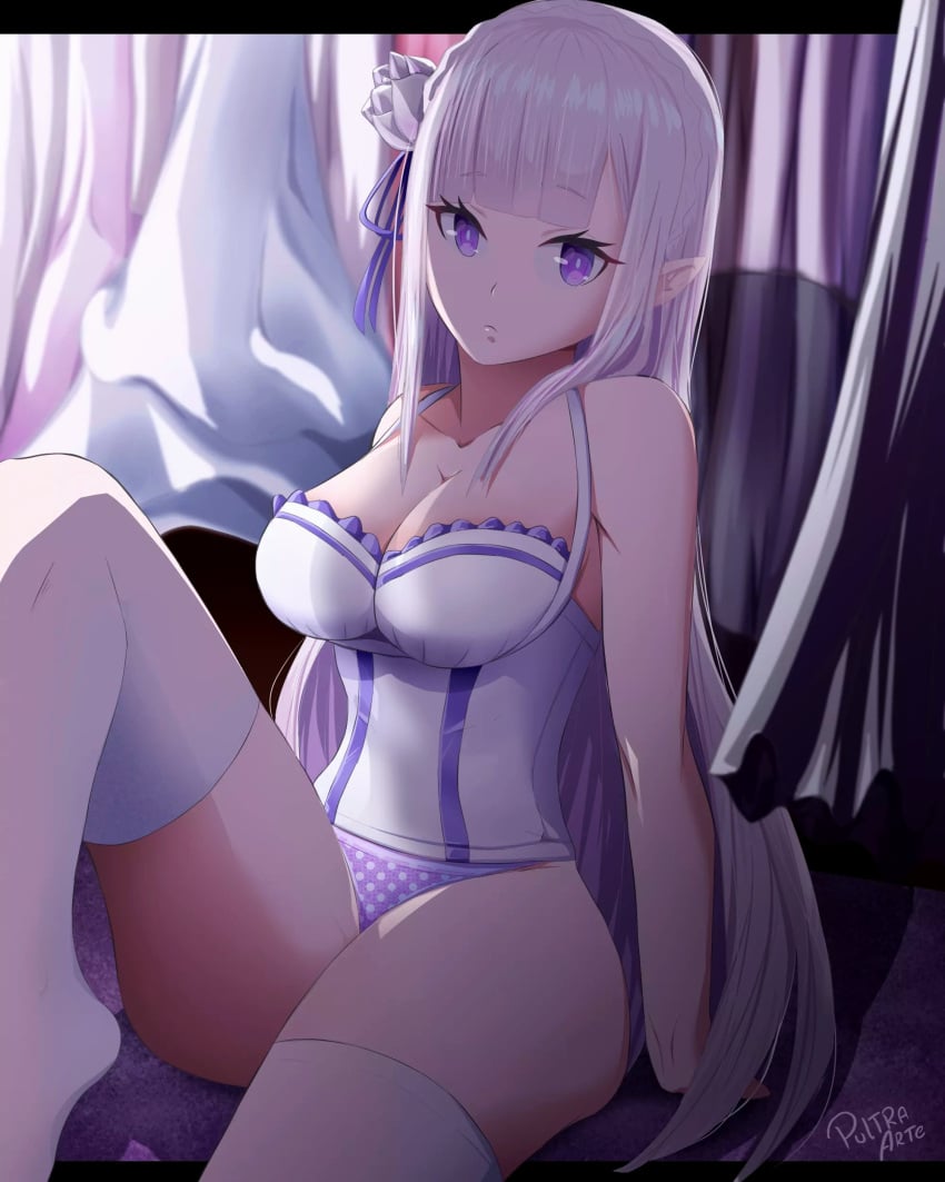 1girls cleavage elf elf_ears elf_female elf_girl emilia_(re:zero) half-dressed half_naked hips no_pants panties partially_clothed pultraarte purple_eyes re:zero_kara_hajimeru_isekai_seikatsu silver_hair sitting solo solo_female solo_focus thick_thighs thighhighs underwear