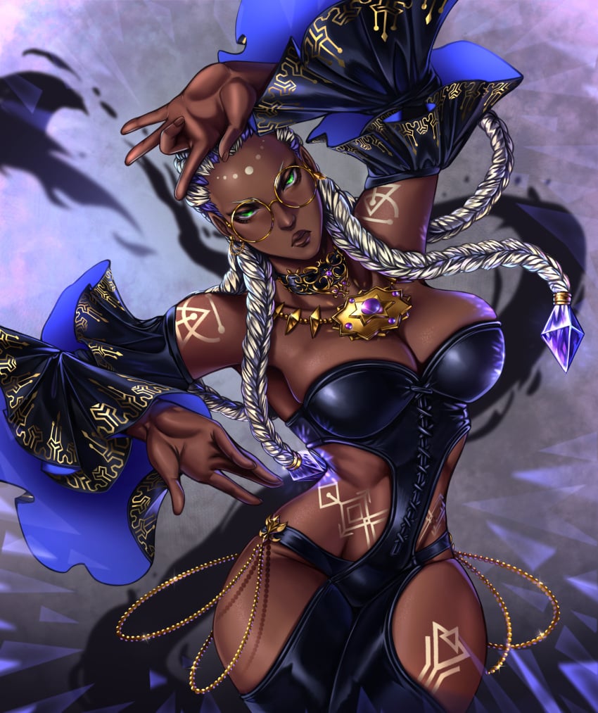 1girls african african_female big_breasts black_panties bodypaint braid braided_hair braided_ponytail breasts busty cleavage clothed corset dark-skinned_female dark_skin dolores_(kof) dress earrings eye_contact female glasses gold gold_(metal) gold_jewelry green_eyes hand_gesture huge_breasts jewelry king_of_fighters long_hair looking_at_viewer necklace panties pov pov_eye_contact purple_hair round_glasses thick thick_legs thick_lips thick_thighs thighs tied_hair two_tone_hair underwear voluptuous voluptuous_female white_hair wide_hips