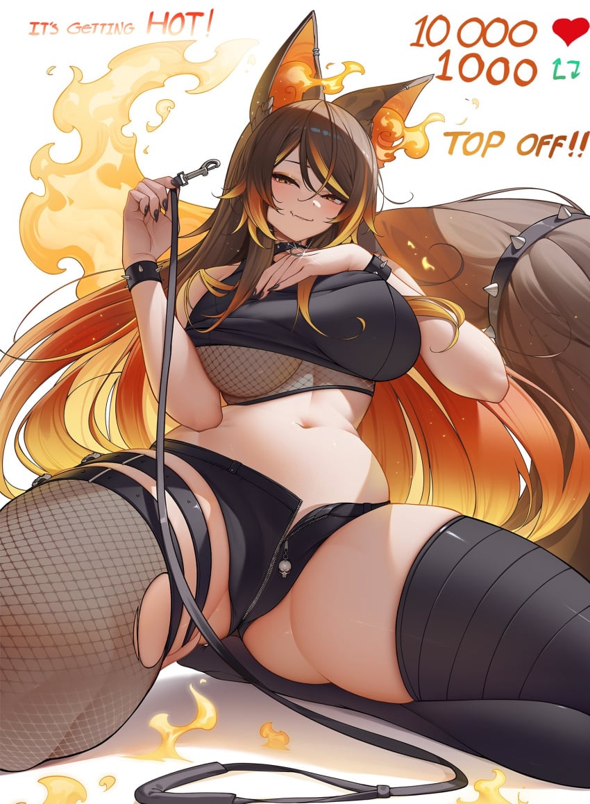 animal_ears asymmetrical_legwear bracelet breasts brown_hair choker collar female fiery_ears flame-tipped_tail greatodoggo highres holding holding_leash indie_virtual_youtuber jewelry kneeling large_breasts leash like_and_retweet long_hair looking_at_viewer meme micro_shorts mismatched_legwear multicolored_hair navel oerba_yun_fang open_fly orange_eyes orange_fire second-party_source shorts sinder_(vtuber) skin_fang solo spiked_bracelet spiked_choker spiked_collar spikes stomach streaked_hair tail tail_strap thigh_strap thighhighs twitter_strip_game_(meme) virtual_youtuber wolf_ears wolf_girl wolf_tail