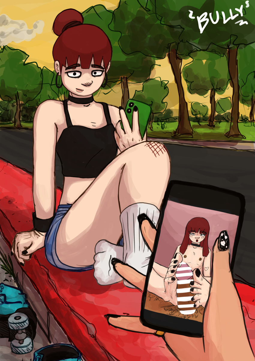 bully_draws choker feet flat_chest footjob girly looking_at_viewer painted_nails painted_toenails phone red_hair roxie_toquillas socks