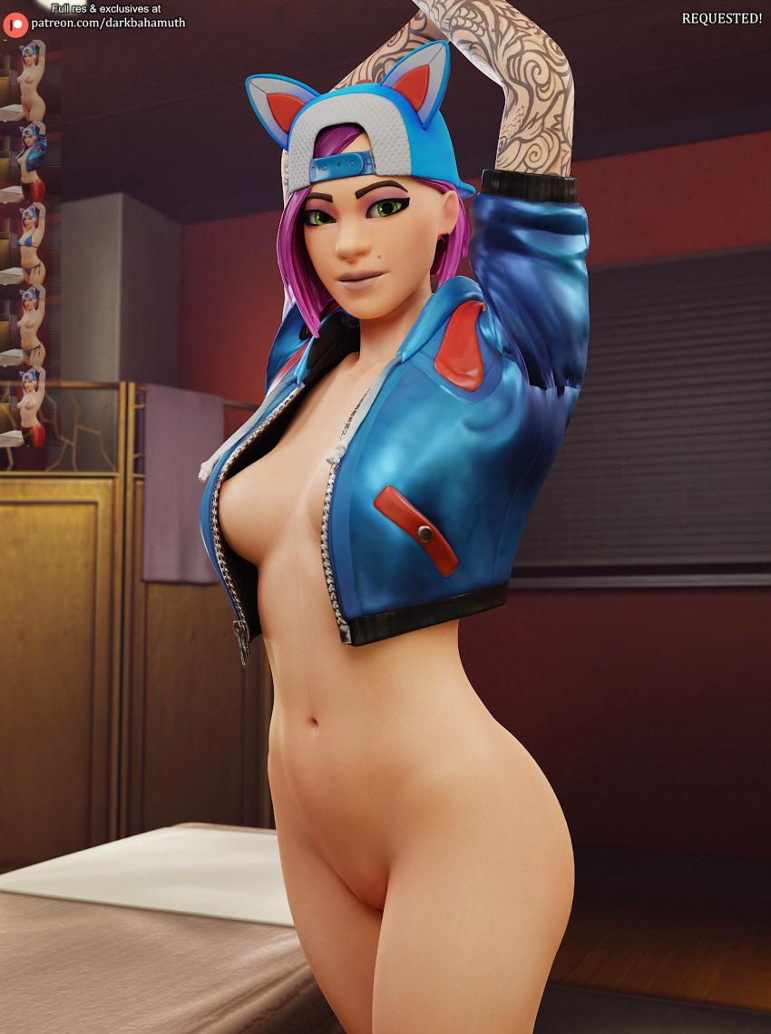 3d 3d_(artwork) darkbahamuth female fortnite hands_above_head hands_behind_head lynx lynx_(fortnite) pinup